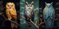 Collage of three owls perched on a vibrant tree. Generative AI