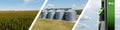 Collage of three parts: corn field, agricultural silos, biofuel filling station Royalty Free Stock Photo