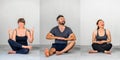 Collage of three: Yoga students showing different yoga poses