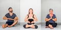Collage of three: Yoga students showing different yoga poses