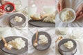 Collage with a Tibetan milk mushroom. Homemade milk kefir grains on a filter strainer
