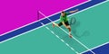 Collage. Top view image of man, professional male tennis player in motion, training, playing against multicolored court Royalty Free Stock Photo