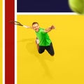 Collage. Top view image of man, professional tennis player in motion, training, serving ball with racket against Royalty Free Stock Photo