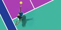 Collage. Top view image of young girl, tennis player in motion, training, playing against multicolored court. Serving Royalty Free Stock Photo