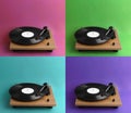 Collage of turntables with vinyl records on different color backgrounds