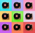 Collage of turntables with vinyl records on different color backgrounds, top view