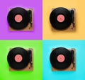 Collage of turntables with vinyl records on different color backgrounds, top view