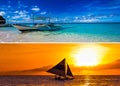 Collage of two images with sailboats and tropical sea