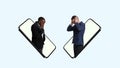 Collage of two men, businessmen sticking out phoe screen and holding head in despair isolated over blue background