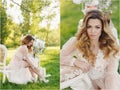 A collage of two photos-a bride in a summer Park Royalty Free Stock Photo