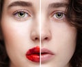 Collage of two photos. Closeup macro portrait of female face with nude makeup and beauty scarlet red lips make-up