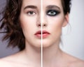 Collage of two photos. Closeup macro portrait of female face with nude makeup and violet - black smoky eyes beauty make-up Royalty Free Stock Photo