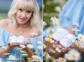 A collage of two photos of the expectant mother with the white booties Royalty Free Stock Photo