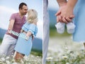 A collage of two photos of the expectant mother with the white booties Royalty Free Stock Photo