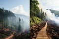 A collage of two pictures. Burning deforestation area, forest with smoke and black tree stumps . A mountain wooden trail