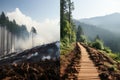 A collage of two pictures. Burning deforestation area, forest with smoke and black tree stumps . A mountain wooden trail