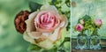 Collage of two pictures of rustic roses bouquet