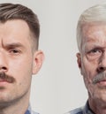 Collage of two portraits of the same old man and young man. Face lifting, aging and skincare concept. Conparison Royalty Free Stock Photo