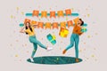 Collage of two young girls dance happy birthday party hang flags hold giftbox celebration listen music near isolated Royalty Free Stock Photo