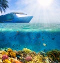 Collage of underwater coral reef at sea. Cruise ship and palm tree