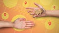 Collage with unrecognizable courier giving packages to customer over city map, closeup of hands. Panorama
