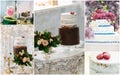 Collage of unusual and beautiful wedding cakes with flowers and berries. Royalty Free Stock Photo