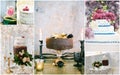 Collage of unusual and beautiful wedding cakes with flowers and berries. Royalty Free Stock Photo