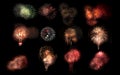 Collage of a variety of colorful fireworks isolated on black background