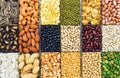 Collage various beans mix peas agriculture of natural healthy food for cooking ingredients - Set of different whole grains beans Royalty Free Stock Photo