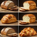 A collage of various bread types on a wooden surface. Top left and bottom left Royalty Free Stock Photo