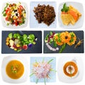 Collage of various breakfast and dinner foods on a white background Royalty Free Stock Photo