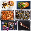 Collage of various breakfast and dinner foods on a white background Royalty Free Stock Photo