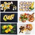 Collage of various breakfast and dinner foods on a white background Royalty Free Stock Photo