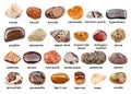 Collage of various brown gemstones with names Royalty Free Stock Photo