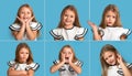 Collage from various emotional portraits of young blonde smiling girl wearing white blous with black strips on blue background Royalty Free Stock Photo
