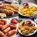 Collage of various fast food dishes, French fries, nuggets, sausages and fried fish Royalty Free Stock Photo