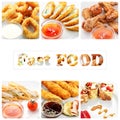 Collage of various fast food products on white background Royalty Free Stock Photo