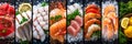collage of various fish products divided with white vertical lines, bright white light
