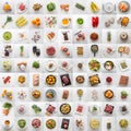 Collage of various food and ingredient. Assotment vegetable fruit meat fish coffee sweet and fat meals. Royalty Free Stock Photo