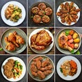 Collage of various food. Meat dishes. Meatballs, nuggets, chicken wings, chicken Royalty Free Stock Photo