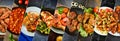 Collage of various food. Meat dishes. Meatballs, nuggets, chicken wings, chicken Royalty Free Stock Photo