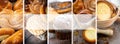 Collage of various fresh bread. Assortment set of baked bread. Pastries collage with copy space Royalty Free Stock Photo