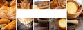 Collage of various fresh bread. Assortment set of baked bread. Pastries collage with copy space Royalty Free Stock Photo