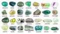 Collage of various green gemstones with names Royalty Free Stock Photo