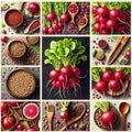 Collage of various images of red radishes. Radish seeds are displayed in different bowls and on the dining table. There are also