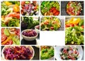 Collage of various summer vegetable salads. Vegetable salad close-up. Lattuk, tomatoes, cucumbers, avocados, ruccola Royalty Free Stock Photo