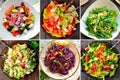 Collage of various summer vegetable salads. Vegetable salad close-up. Lattuk, tomatoes, cucumbers, avocados, ruccola. Top view Royalty Free Stock Photo