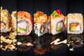 Collage of various sushi japanese restaurant menu on black background