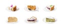Collage of various sweet cakes on plates isolated on white Royalty Free Stock Photo