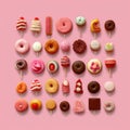 Collage of various sweets on a pink background. Generative AI technology